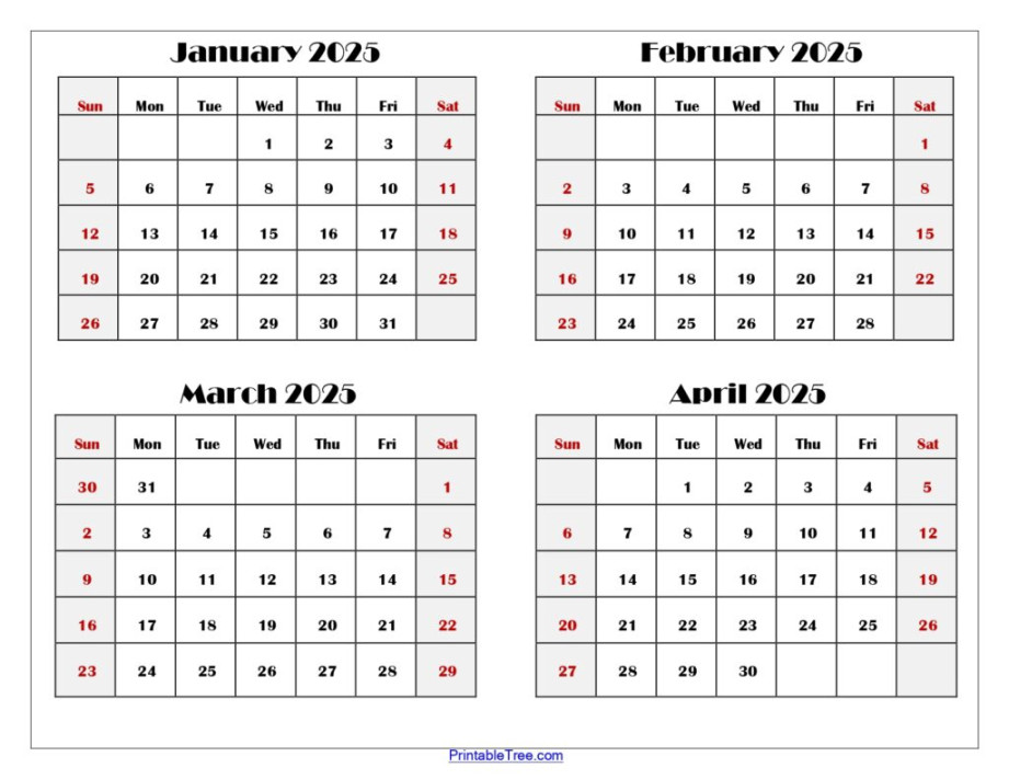January to April  Calendar Printable PDF  Four Months Calendar