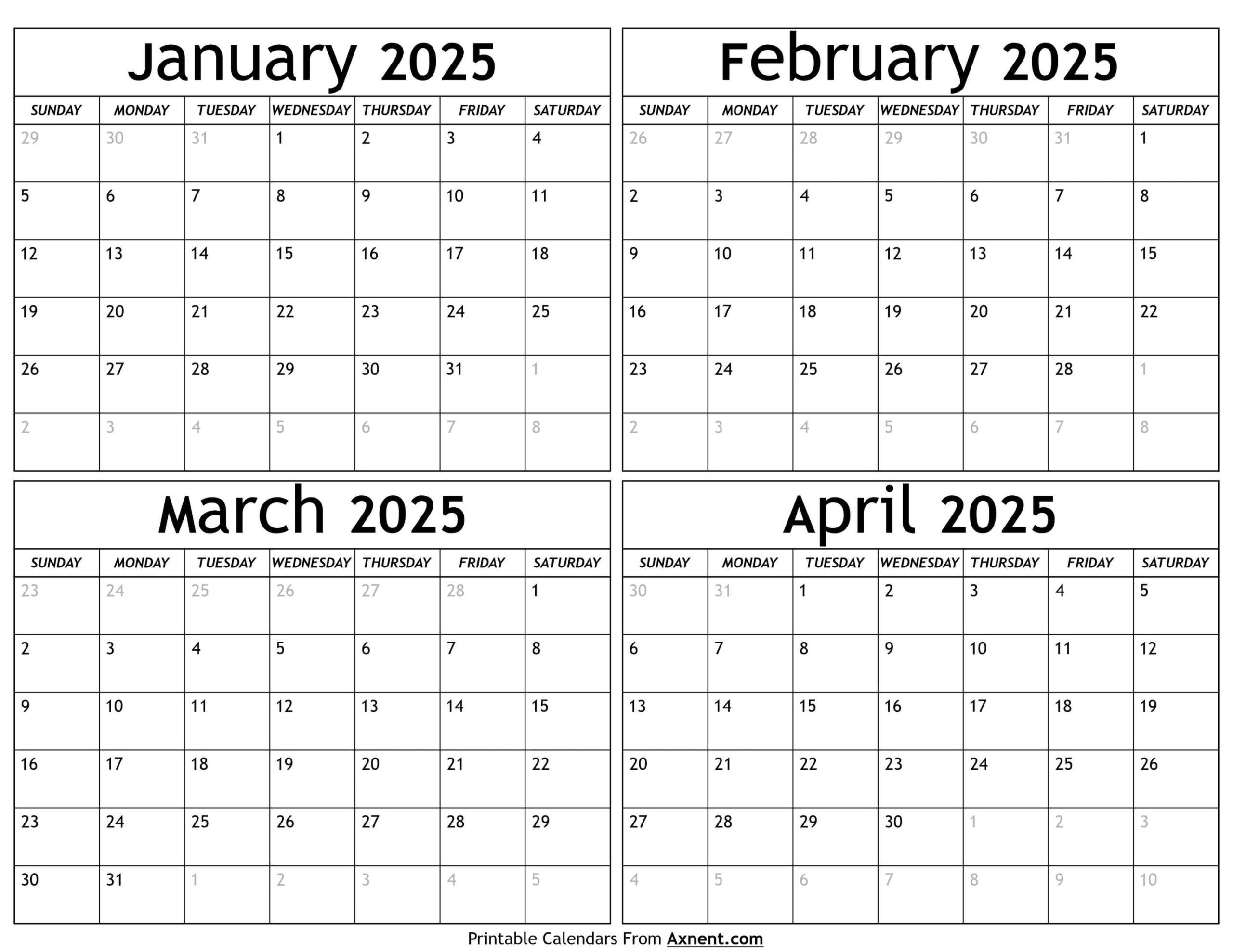 January To April  Calendar Templates - Four Months