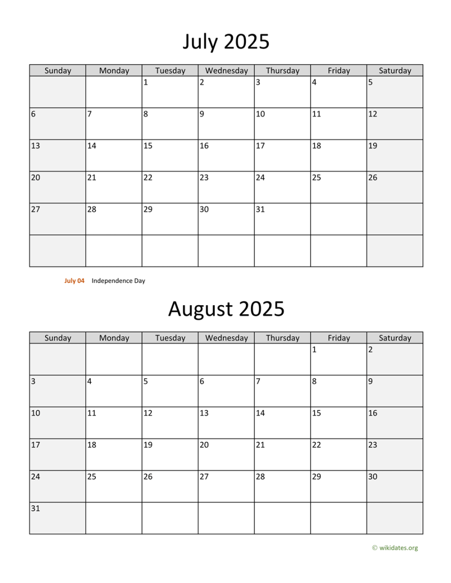 July and August  Calendar  WikiDates