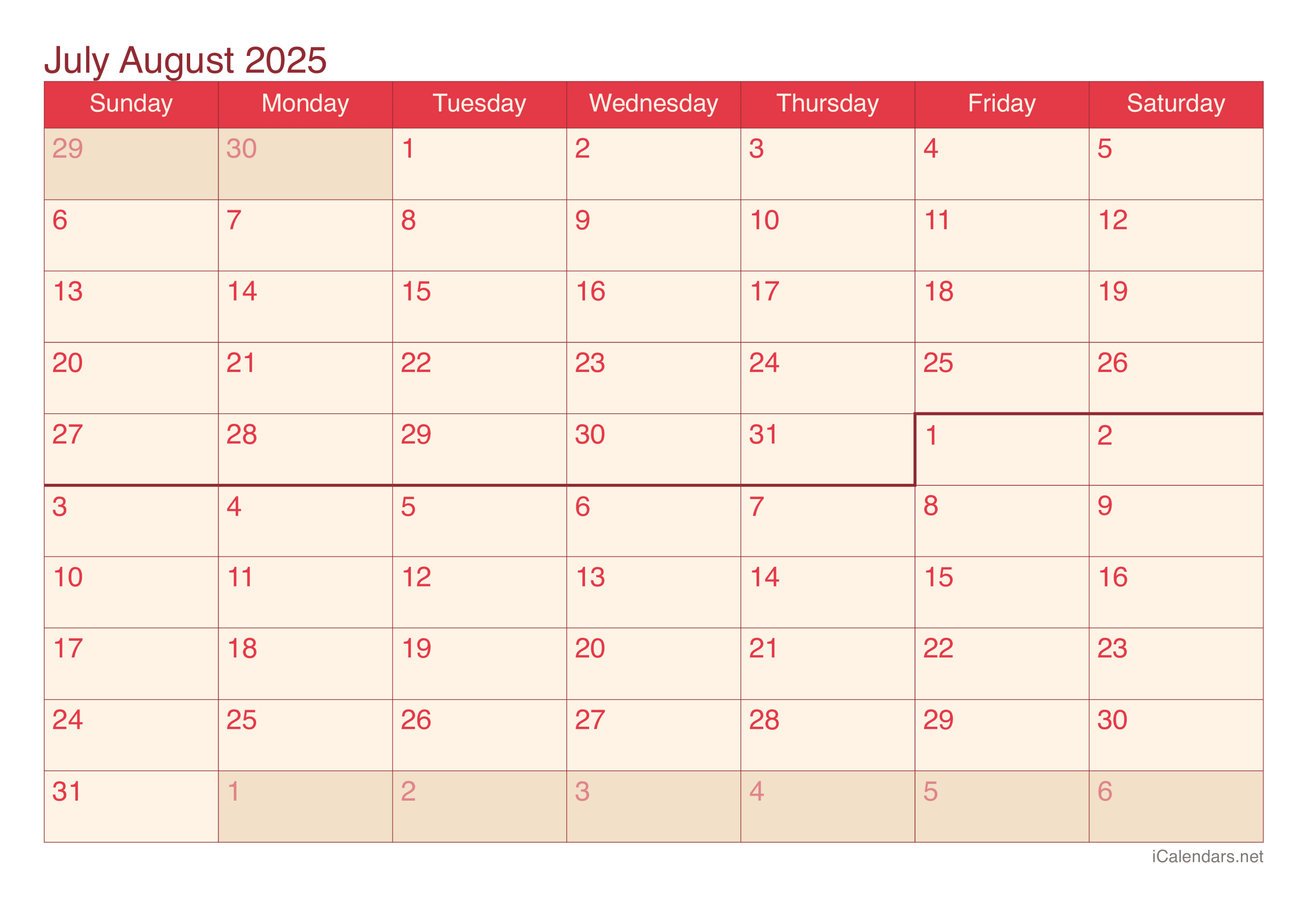 July and August  Printable Calendar