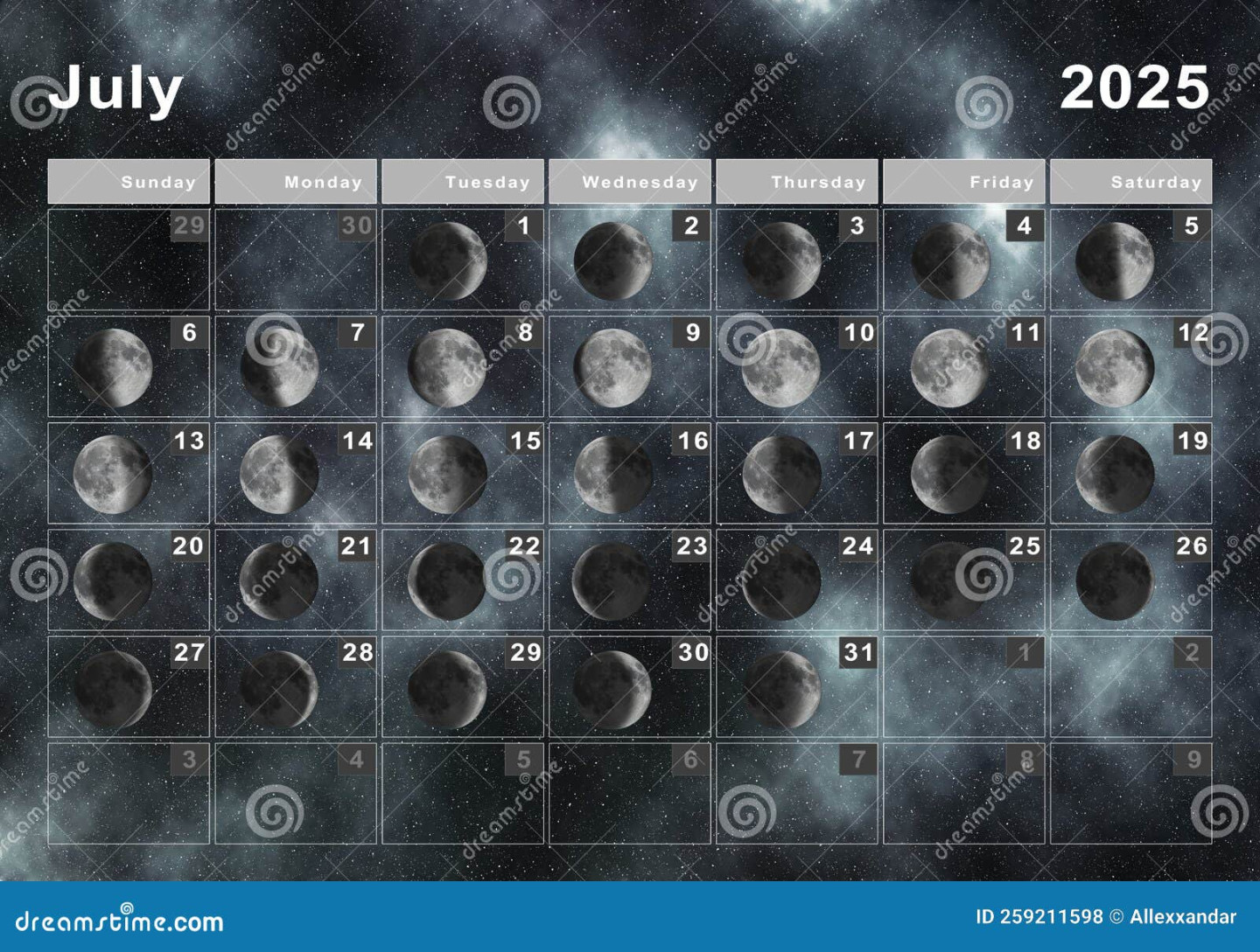 July  Lunar Calendar, Moon Cycles Stock Illustration