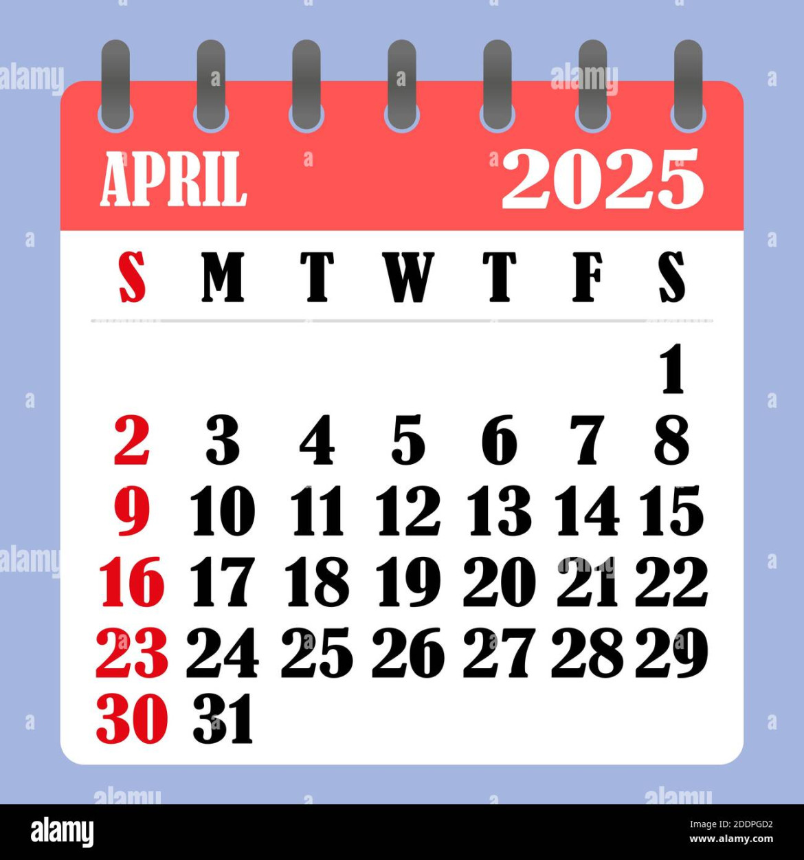 Letter calendar for April . The week begins on Sunday