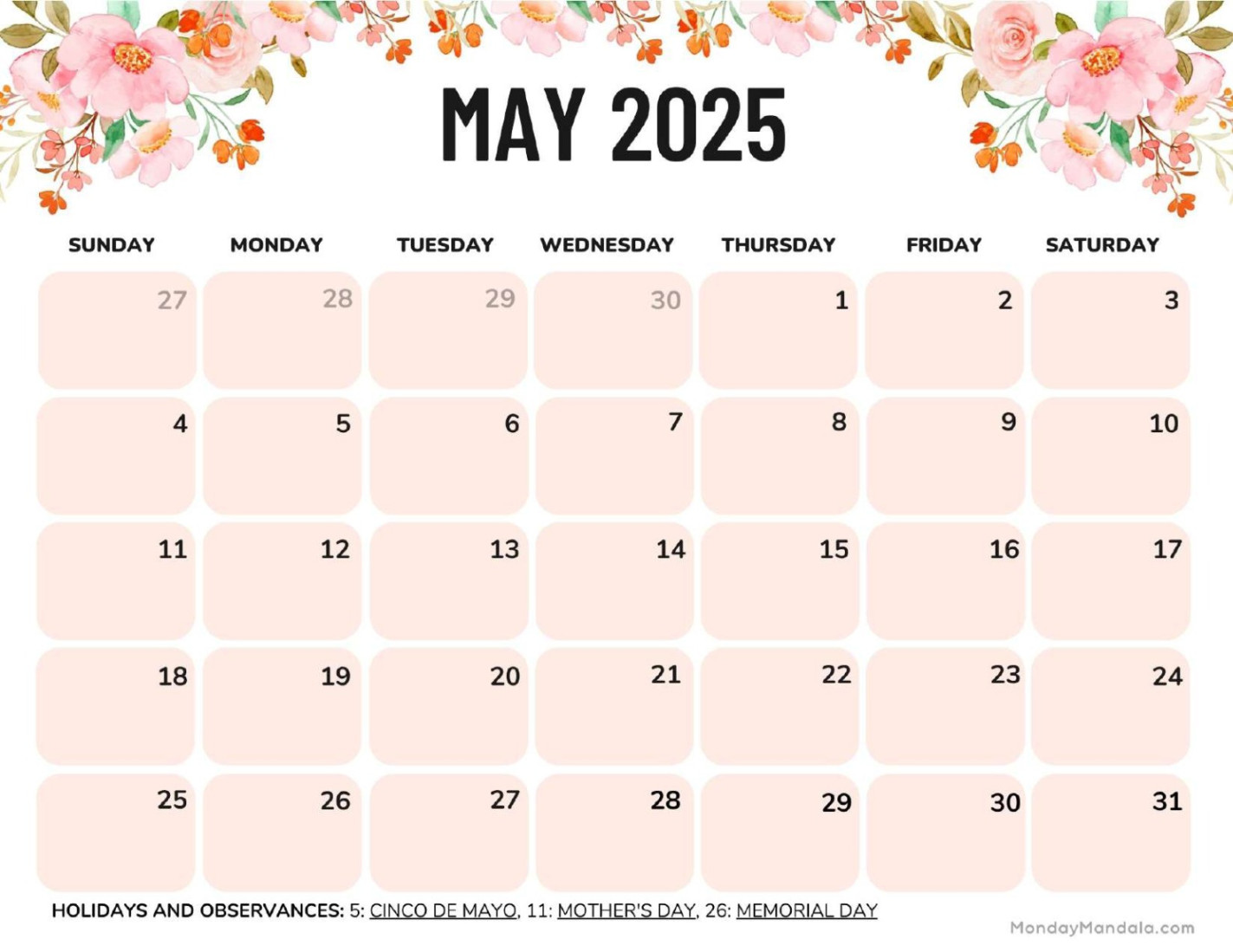 May  Calendar ( Free PDF Printables)