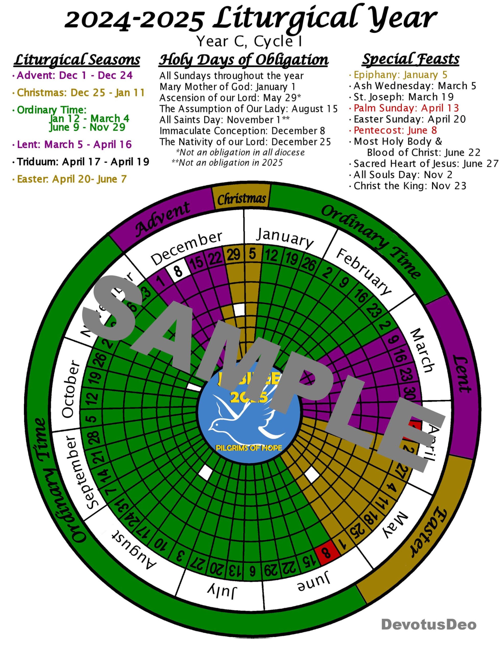 Printable  Liturgical Calendar, Downloadable Catholic