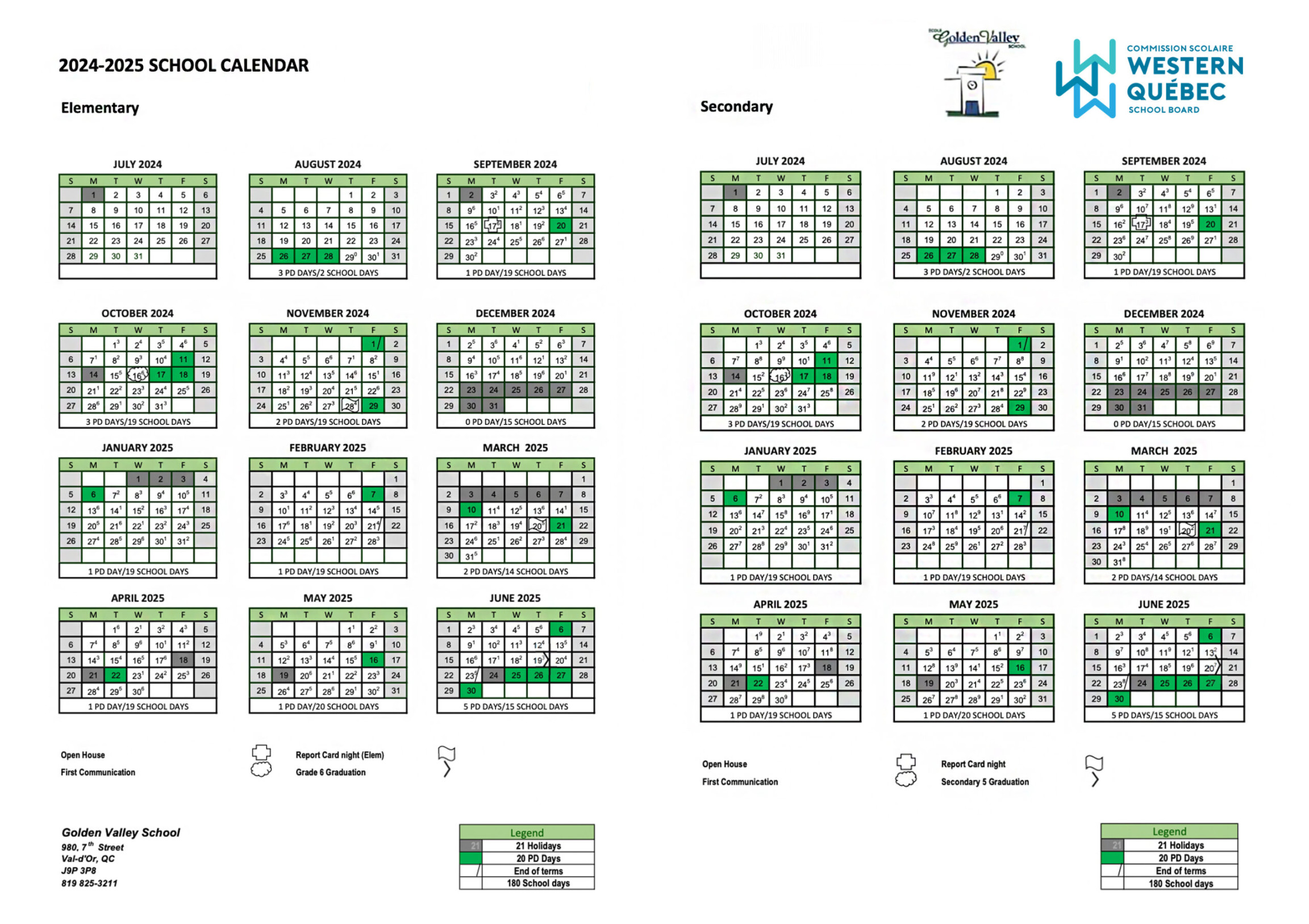 School and Centre Calendars - - Western Québec School Board