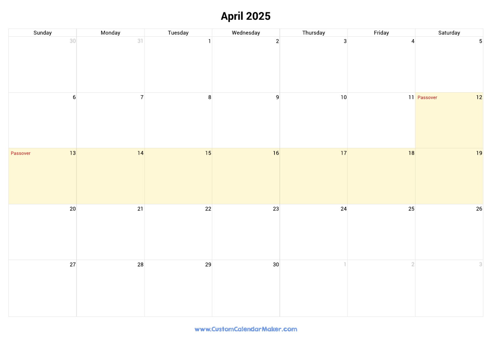 April  Jewish Calendar with Hebrew Holidays  Custom Calendar