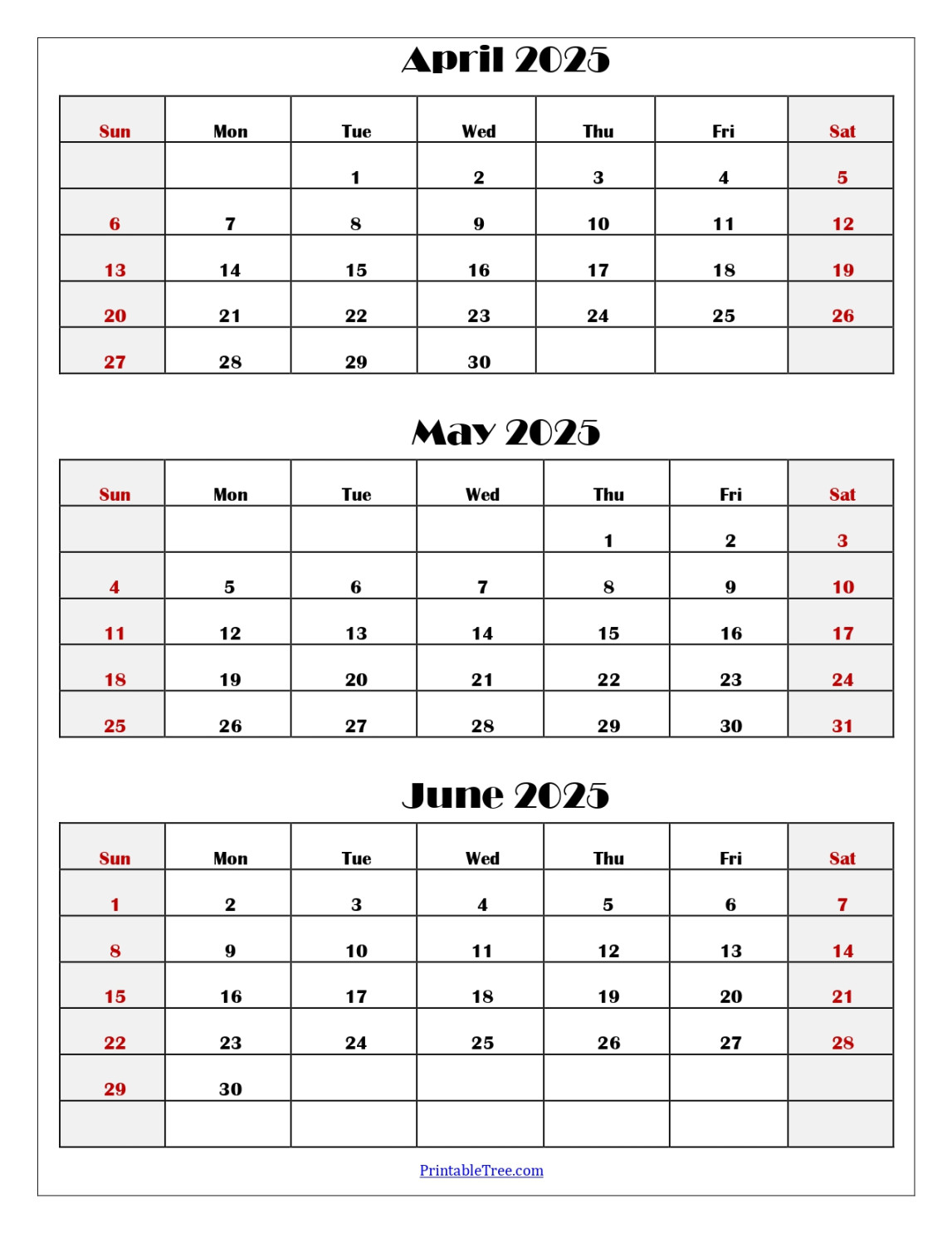 April to June  Calendar Printable PDF  Three Months Calendar