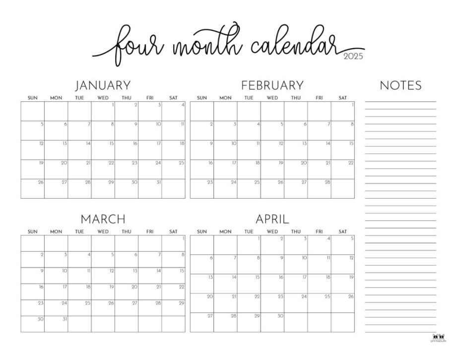 Four Month Calendars -  FREE Printables  Printabulls
