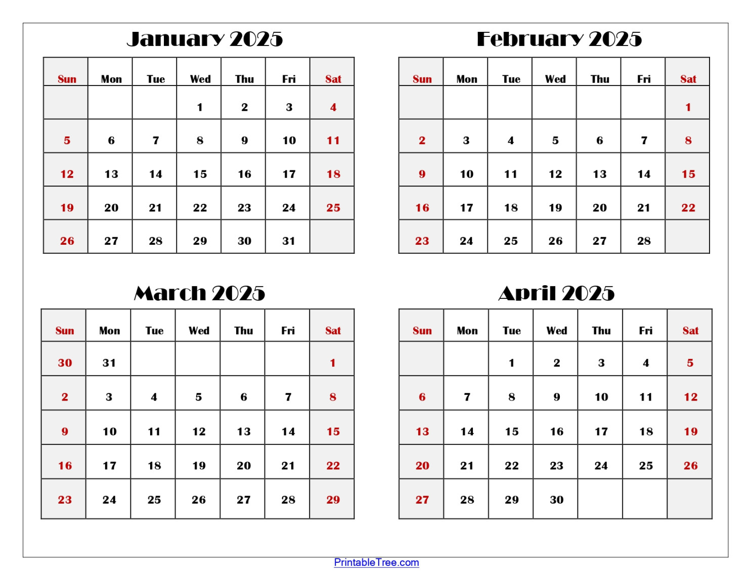 January to April  Calendar Printable PDF  Four Months Calendar