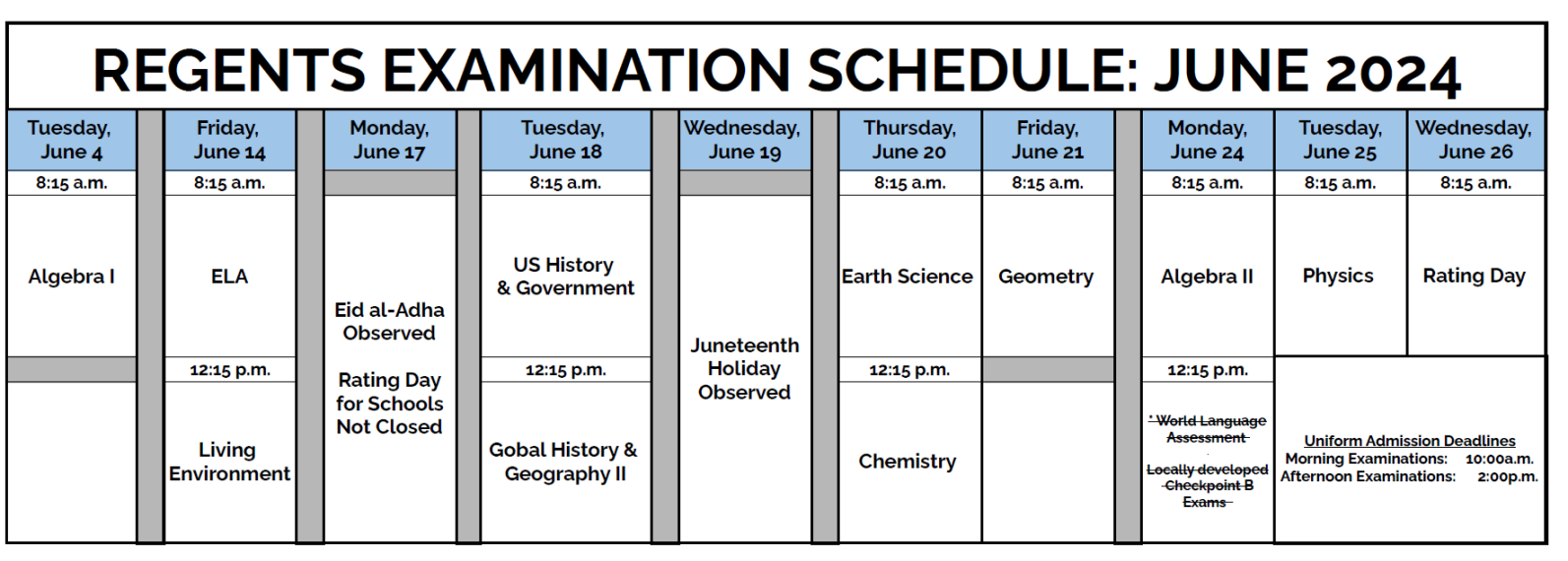 June Regents Exam Schedule  New Rochelle High School