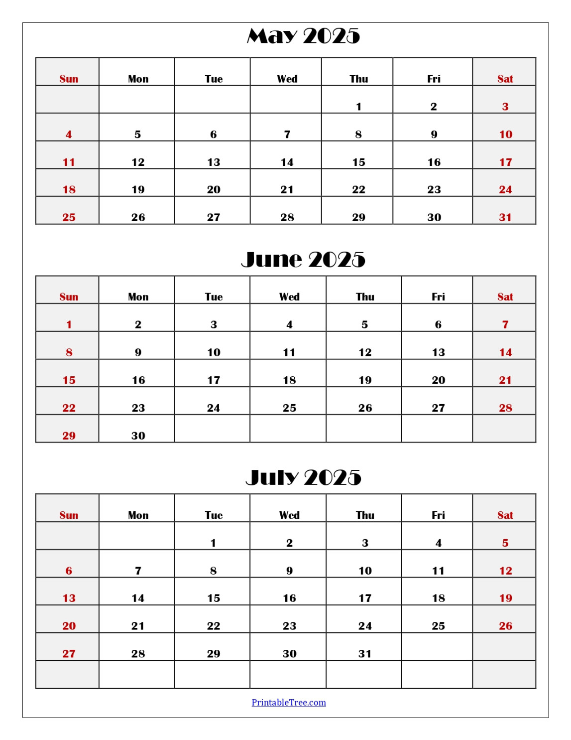 May to July  Calendar Printable PDF  Three Months Calendar