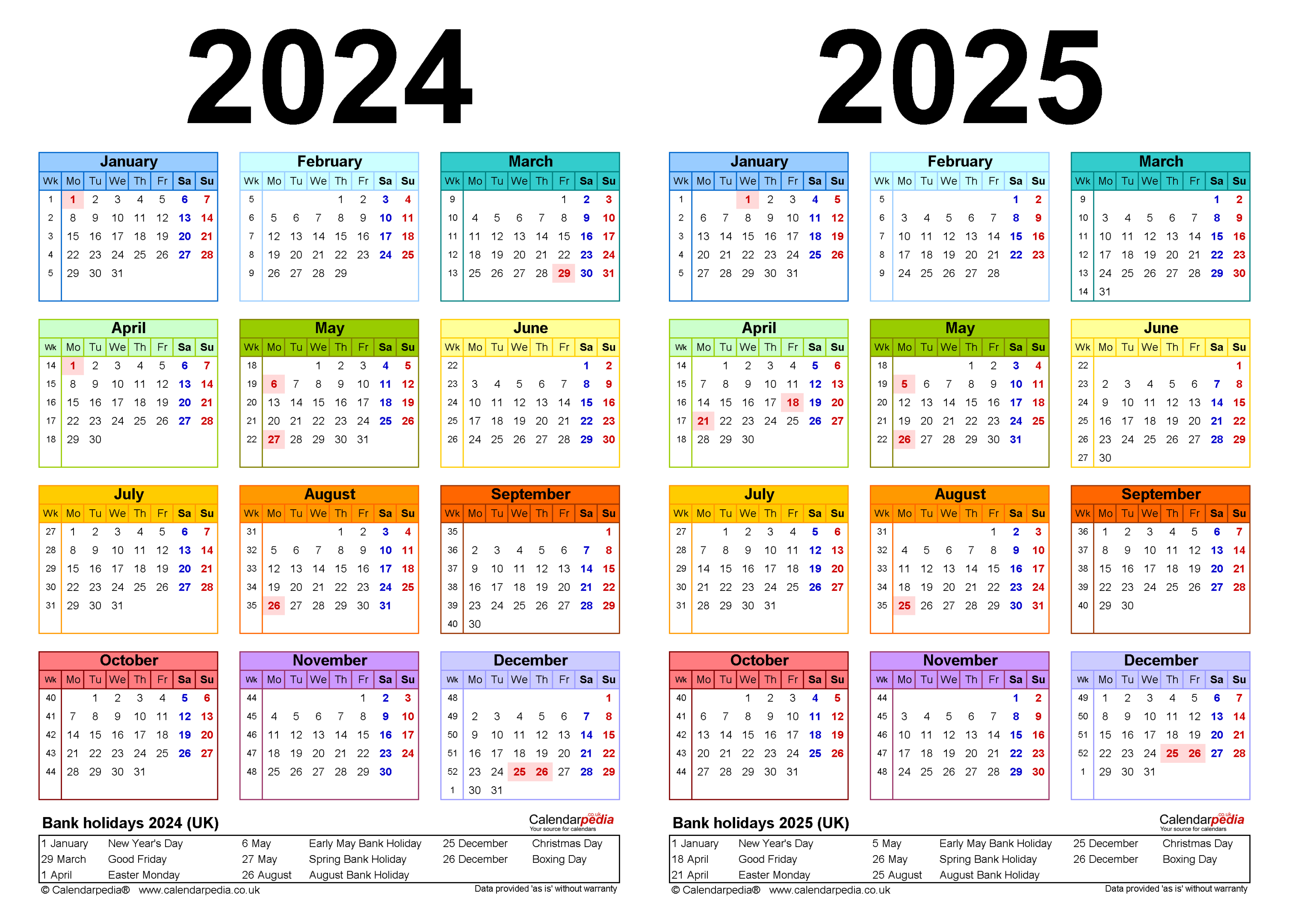 Two year calendars for  and  (UK) for Microsoft Excel