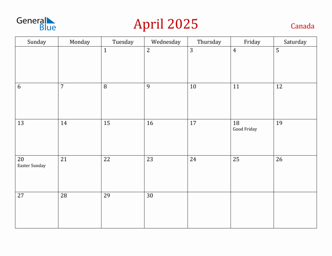 April  Canada Monthly Calendar with Holidays