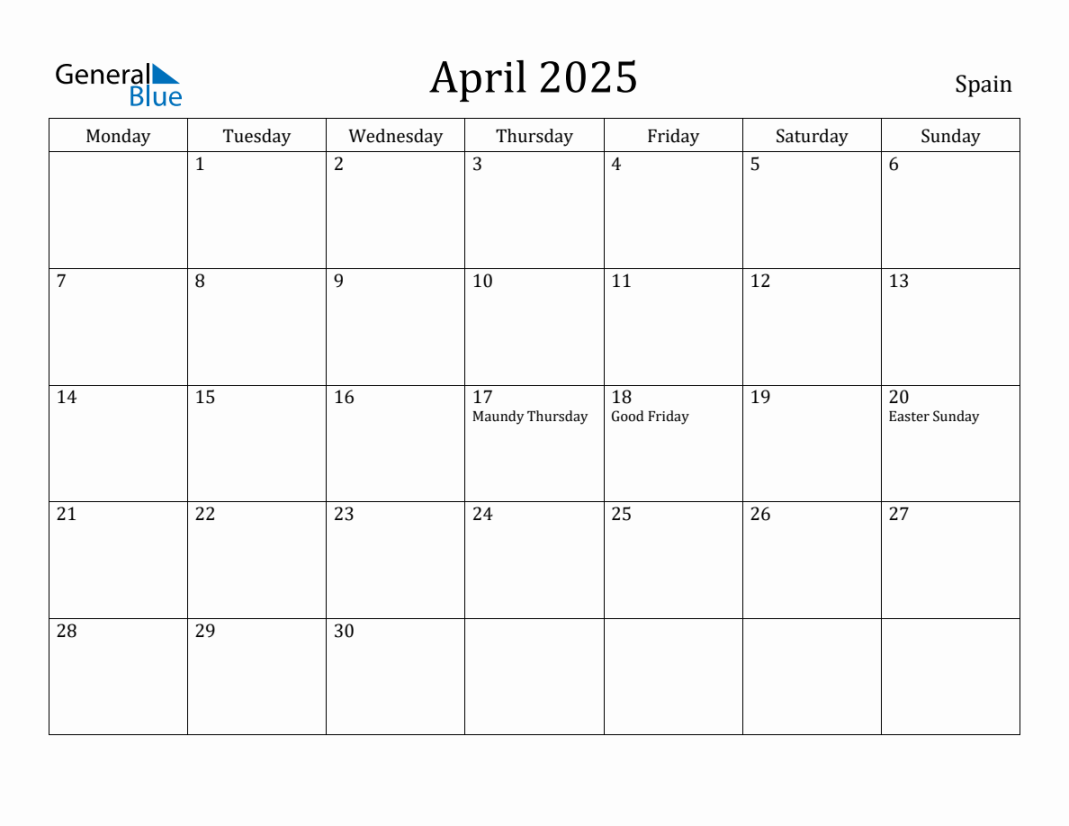 April  - Spain Monthly Calendar with Holidays