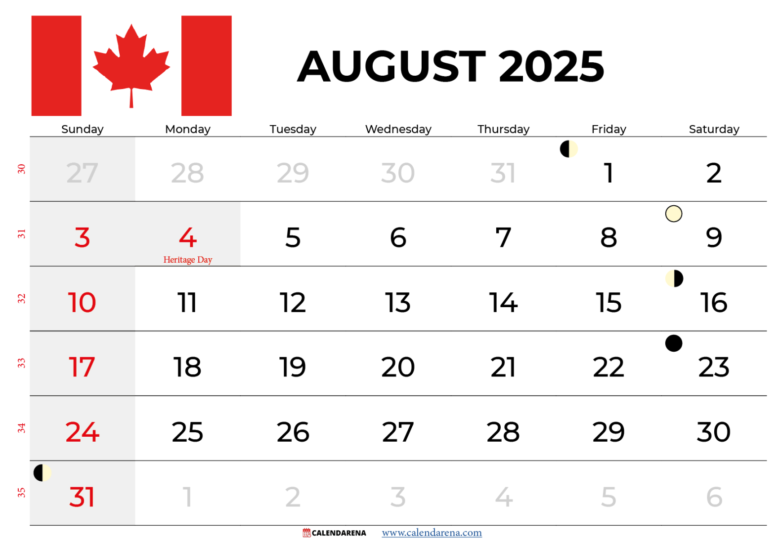 August  Calendar Canada With Holidays