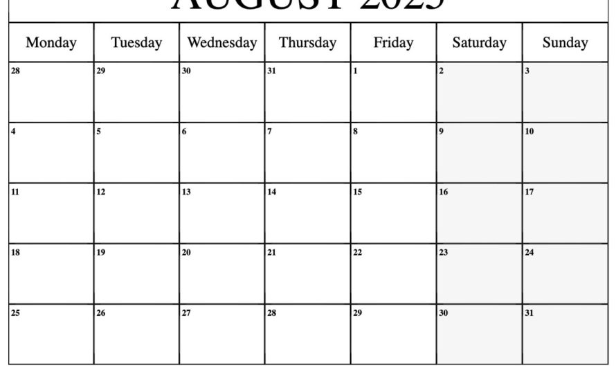 2025 August Calendar Pdf