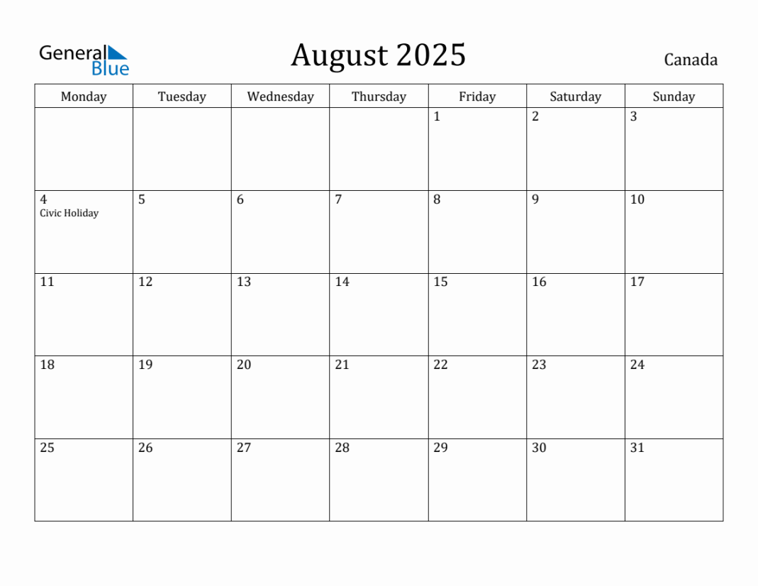 August  - Canada Monthly Calendar with Holidays