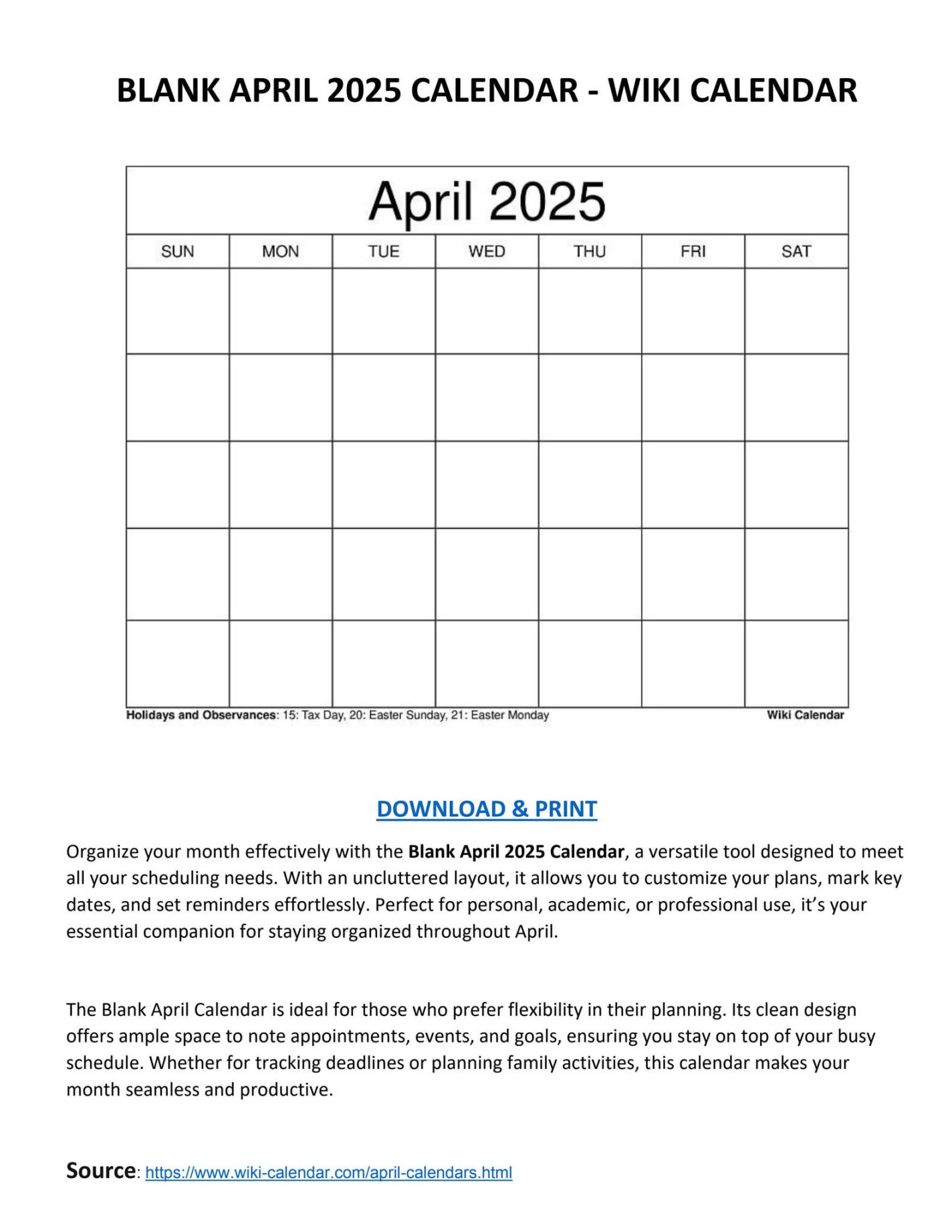 Blank April  Calendar - Wiki Calendar by Wiki Calendar - Issuu