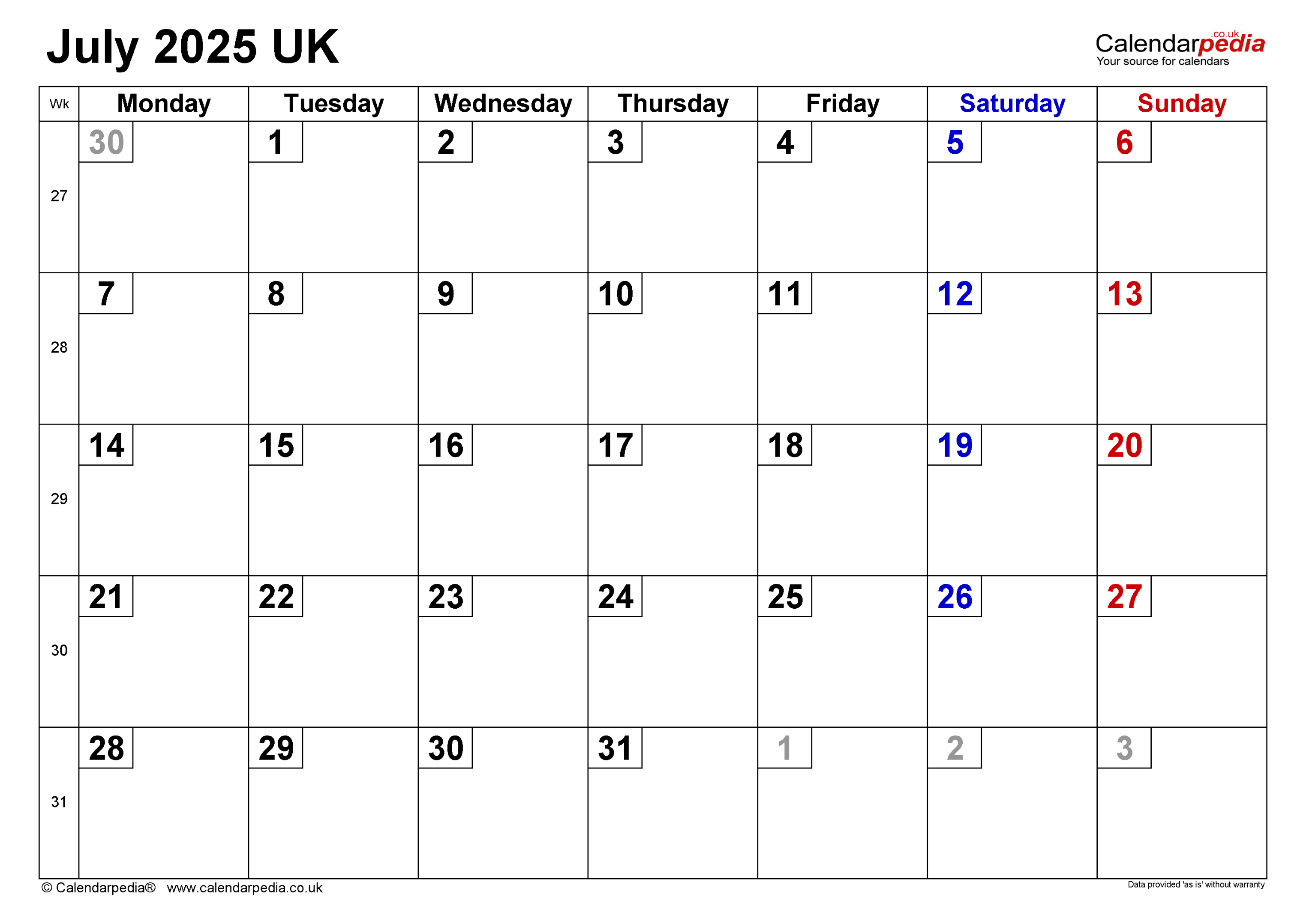 Calendar July  UK with Excel, Word and PDF templates