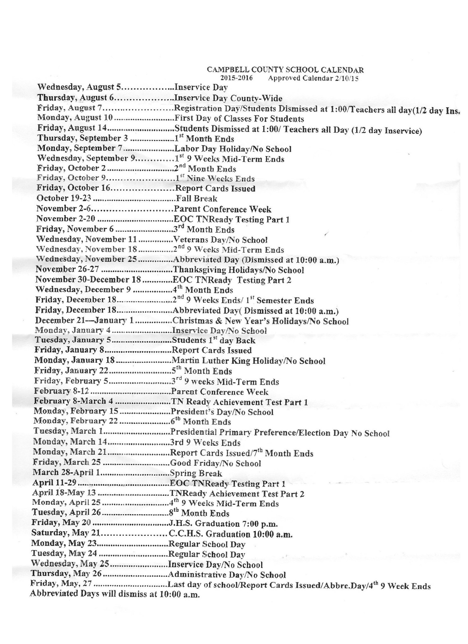 - Campbell County School Calendar  wlaf