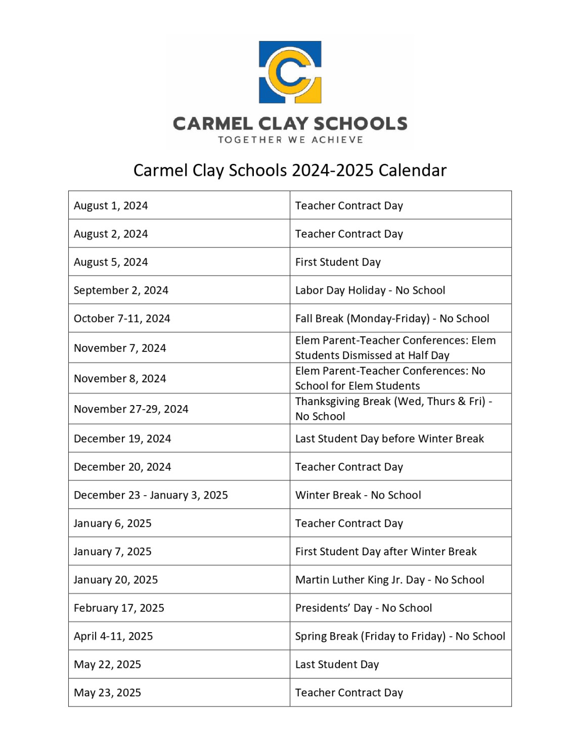 Carmel Clay Schools Calendar - [School District]