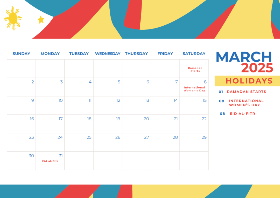 Free March  Calendar with Philippine Holidays Template to Edit