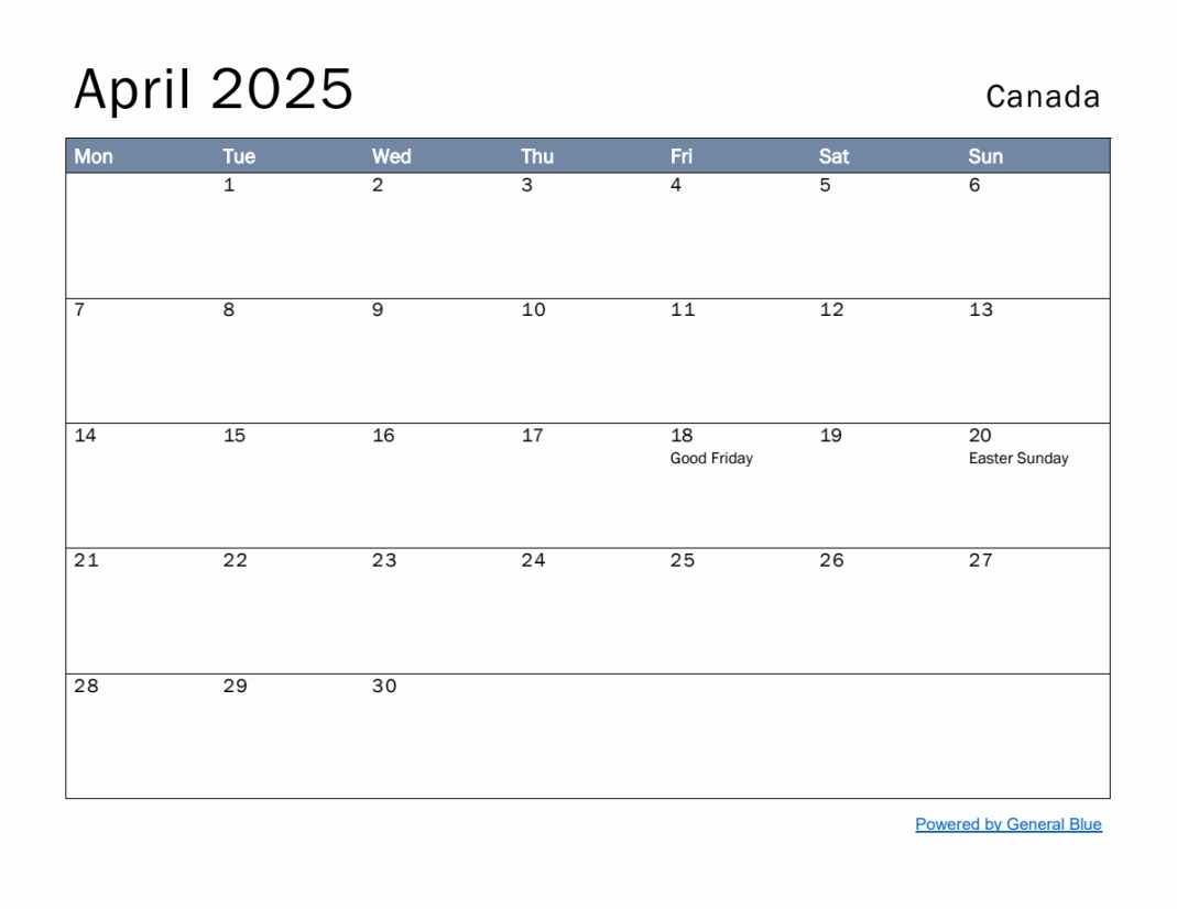 Free Monthly Calendar Template for April  with Canada Holidays