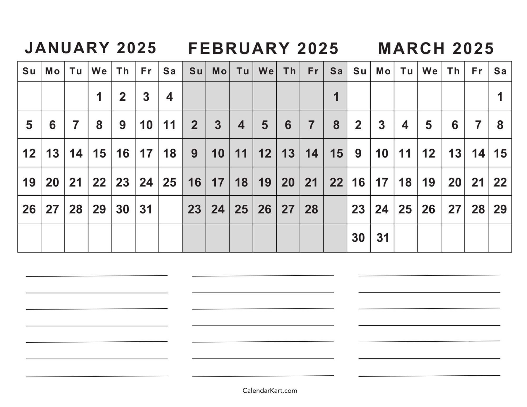 Free Printable January to March  Calendar - CalendarKart