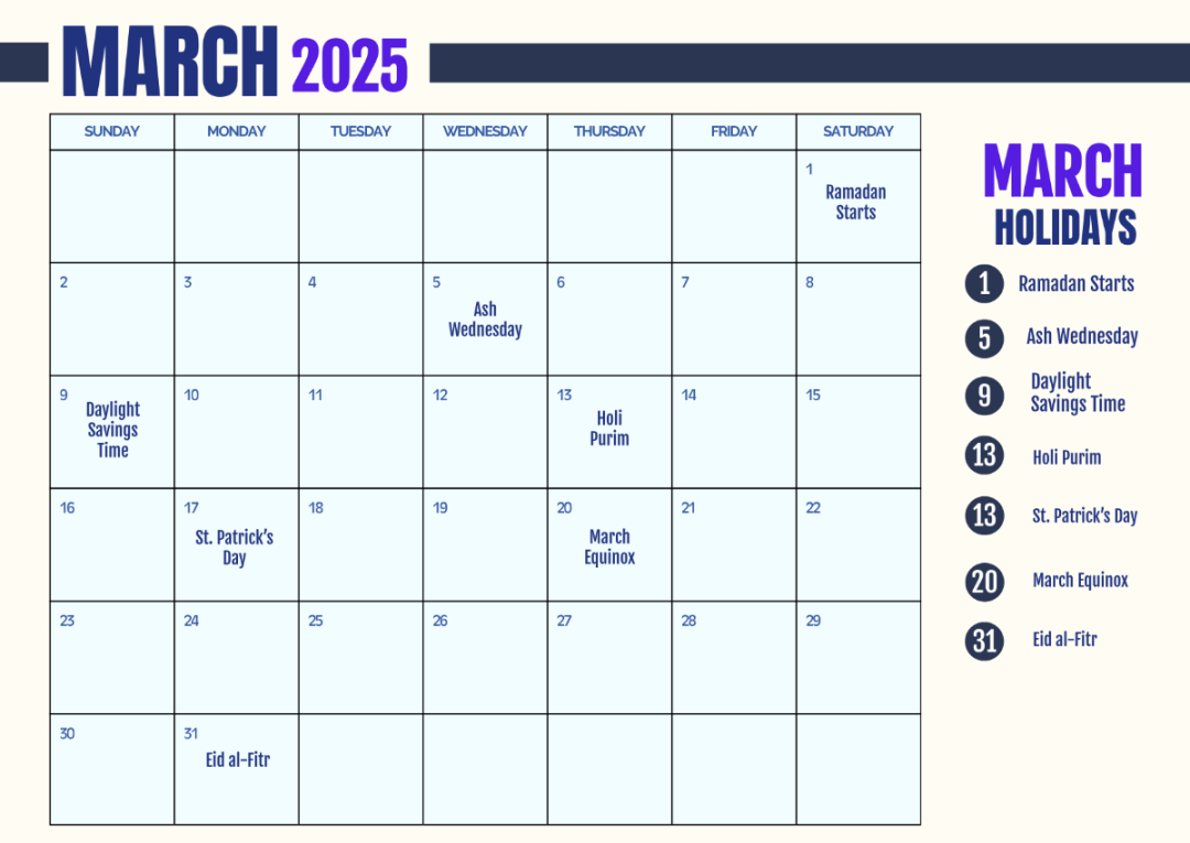 Free Printable March  Calendar with Holidays Template to Edit