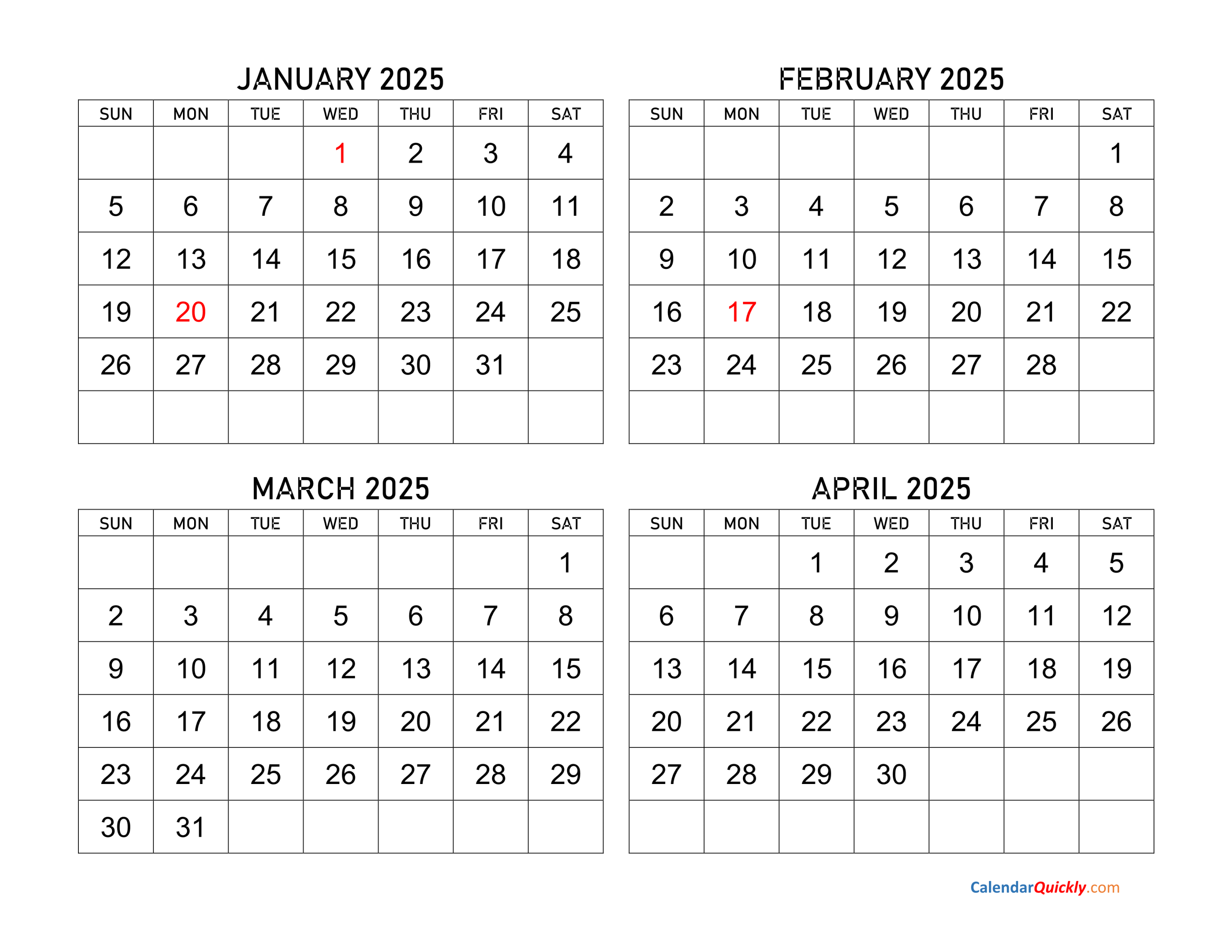 January to April  Calendar  Calendar Quickly