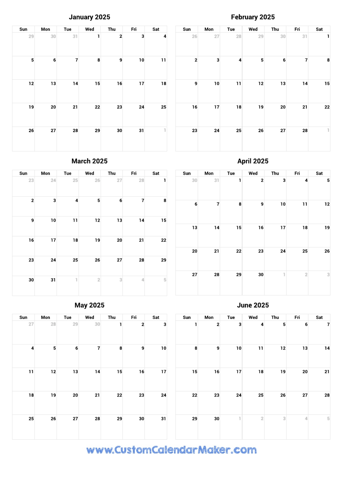 January to June  Printable Calendar  Custom Calendar Maker
