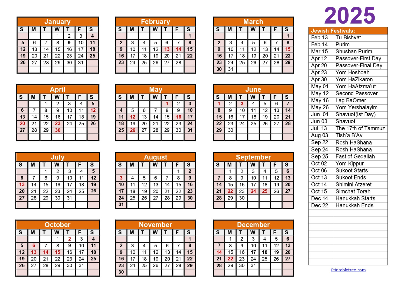 Jewish Calendar ,  PDF Templates with Jewish Holidays Lists