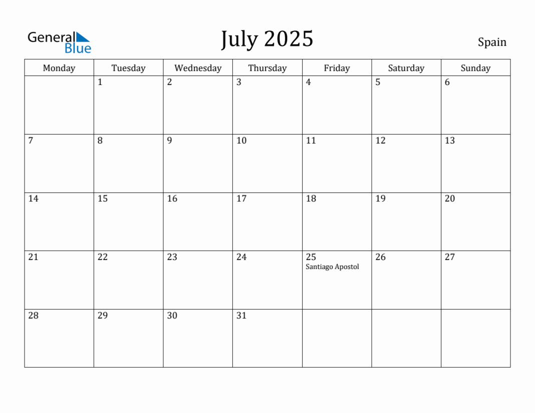 July  Monthly Calendar with Spain Holidays
