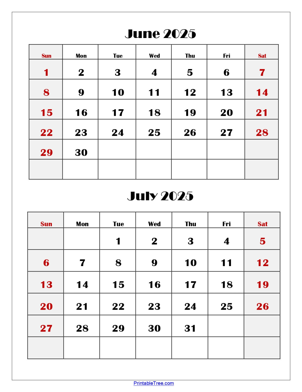 June and July  Calendar Printable PDF  Two Months Calendar