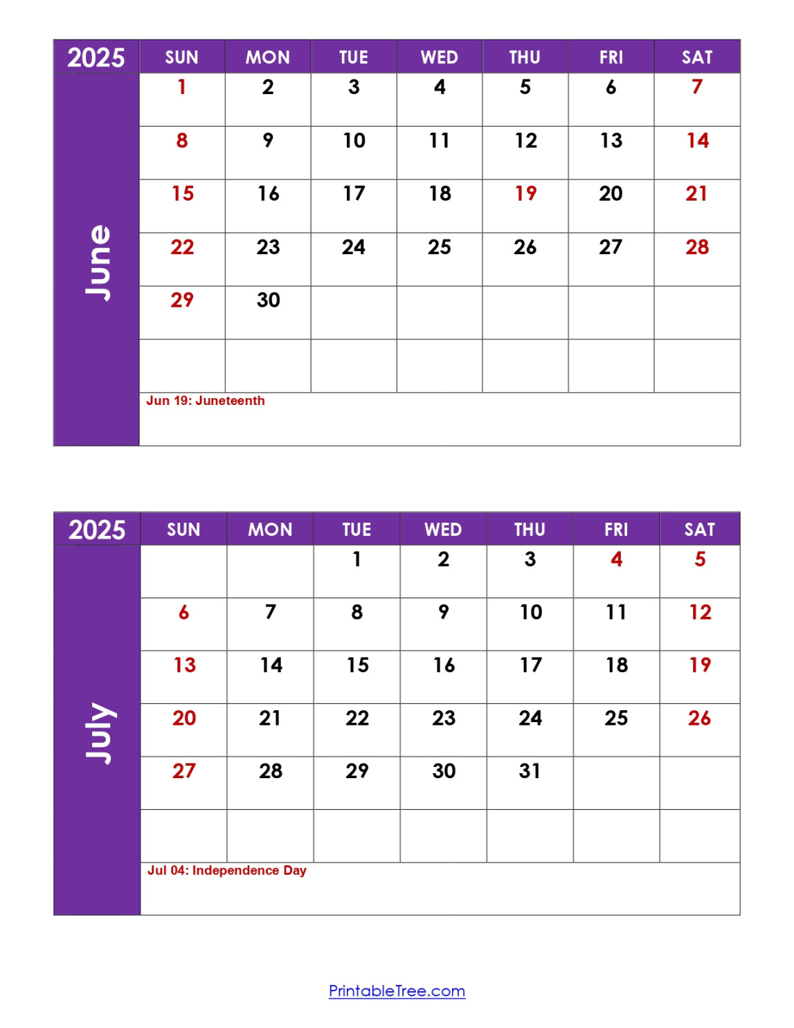 June and July  Calendar Printable PDF  Two Months Calendar