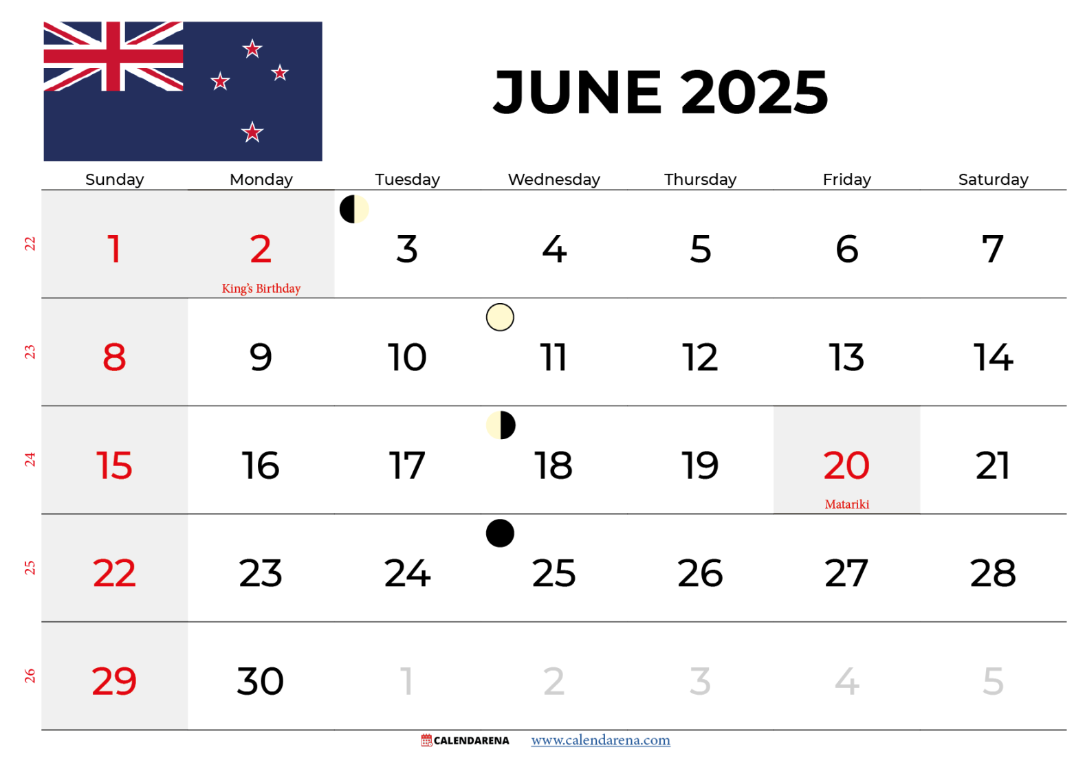 June Calendar  Nz With Holidays