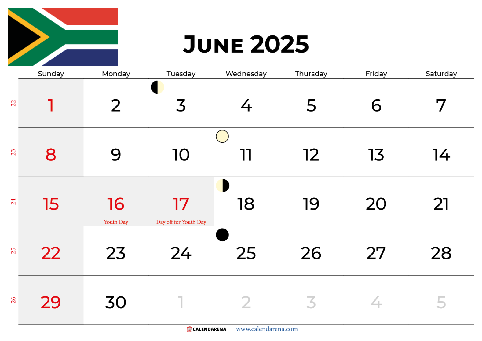 June  Calendar South Africa