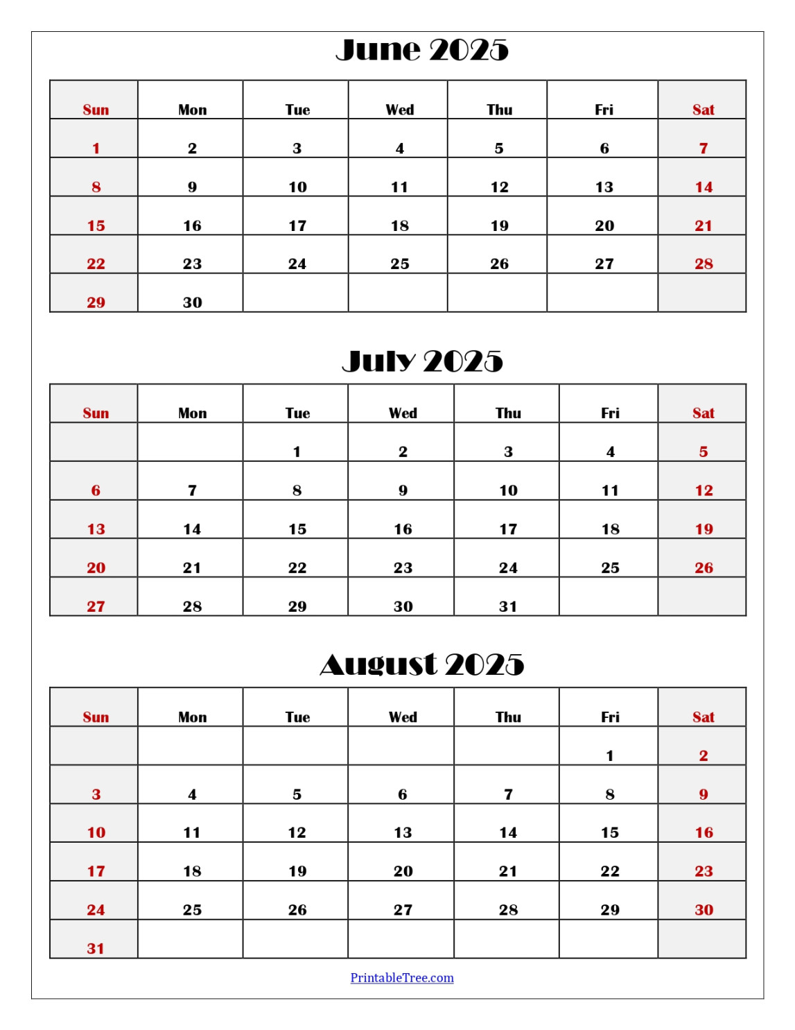 June to August  Calendar Printable PDF  Three Months Calendar