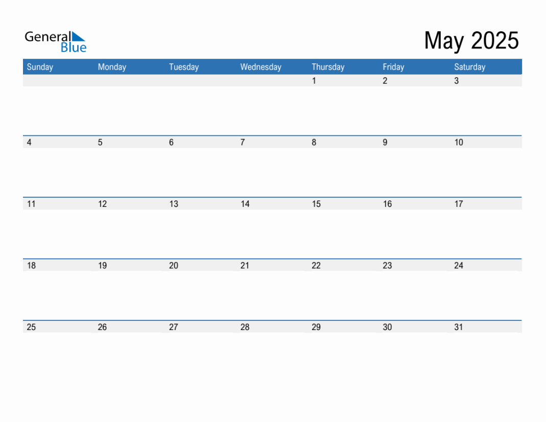 May  Monthly Calendar (PDF, Word, Excel)