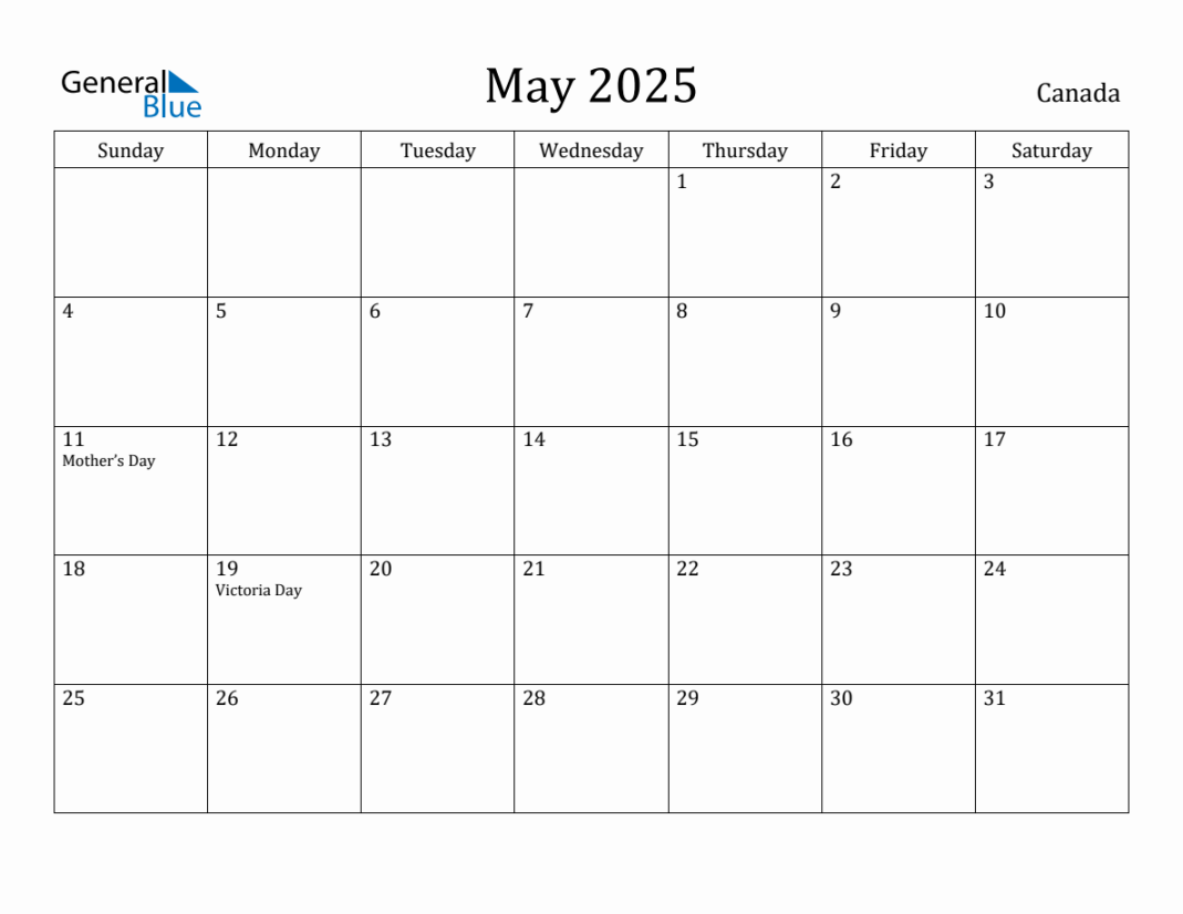 May  Monthly Calendar with Canada Holidays