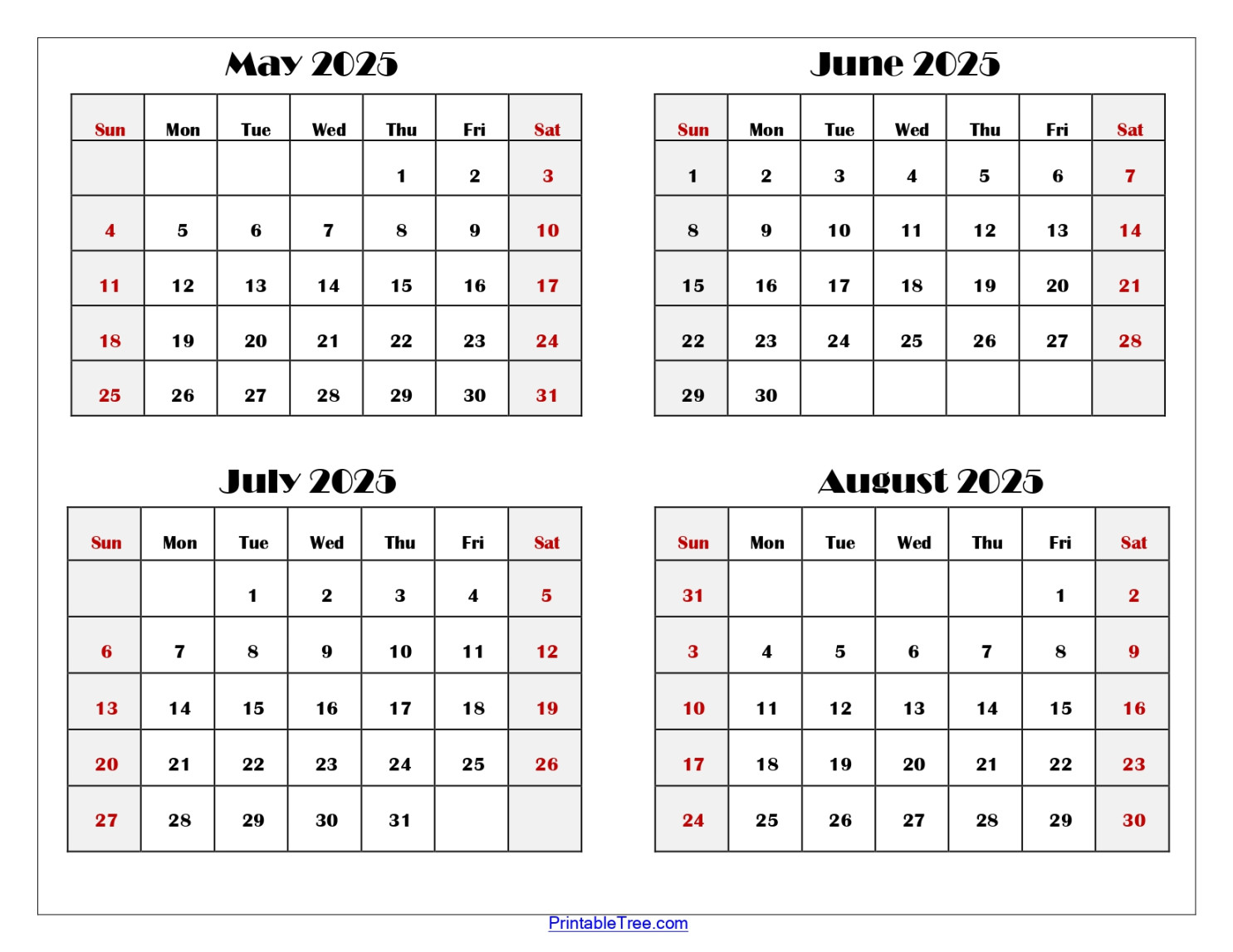 May to August  Calendar Printable PDF  Four Months Calendar