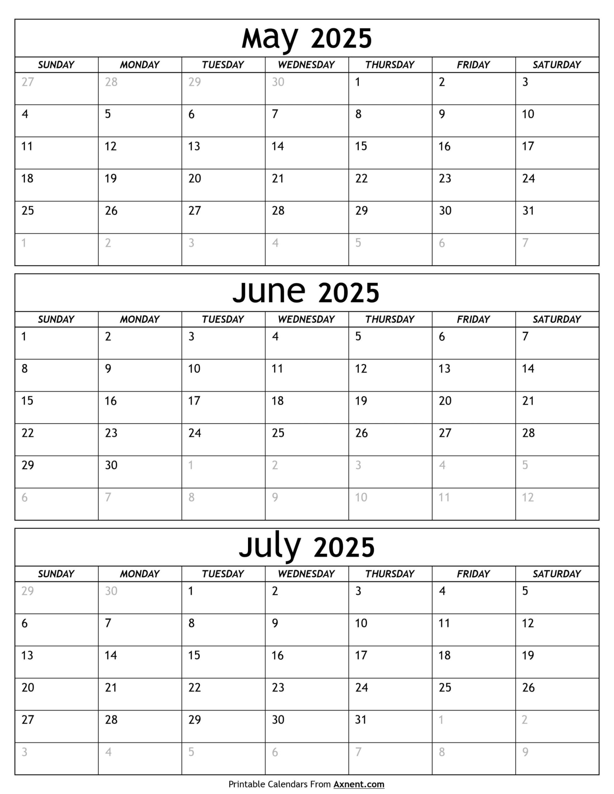 May To July Calendar  Templates - Three Months