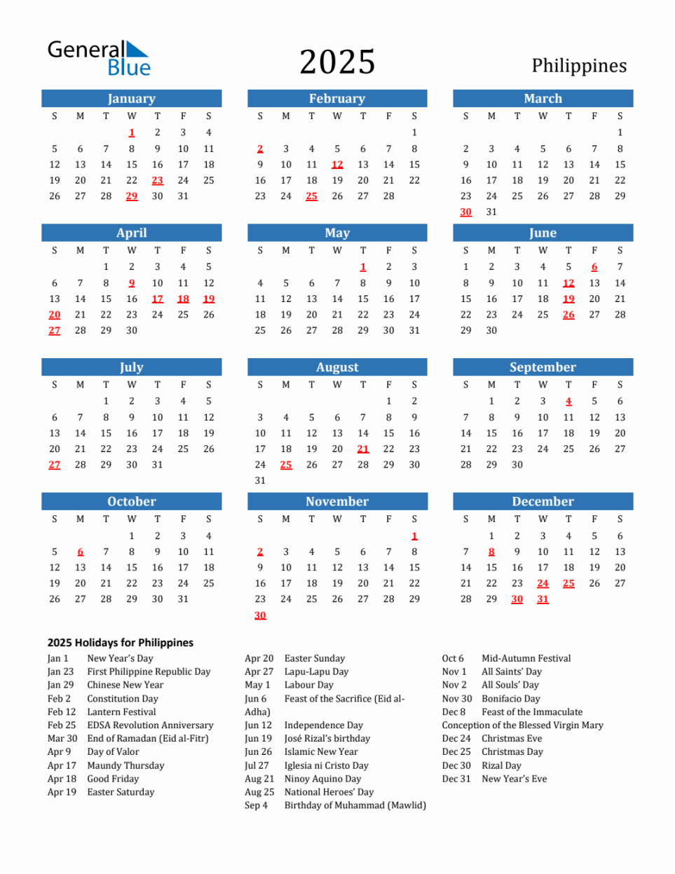 Philippines Calendar with Holidays