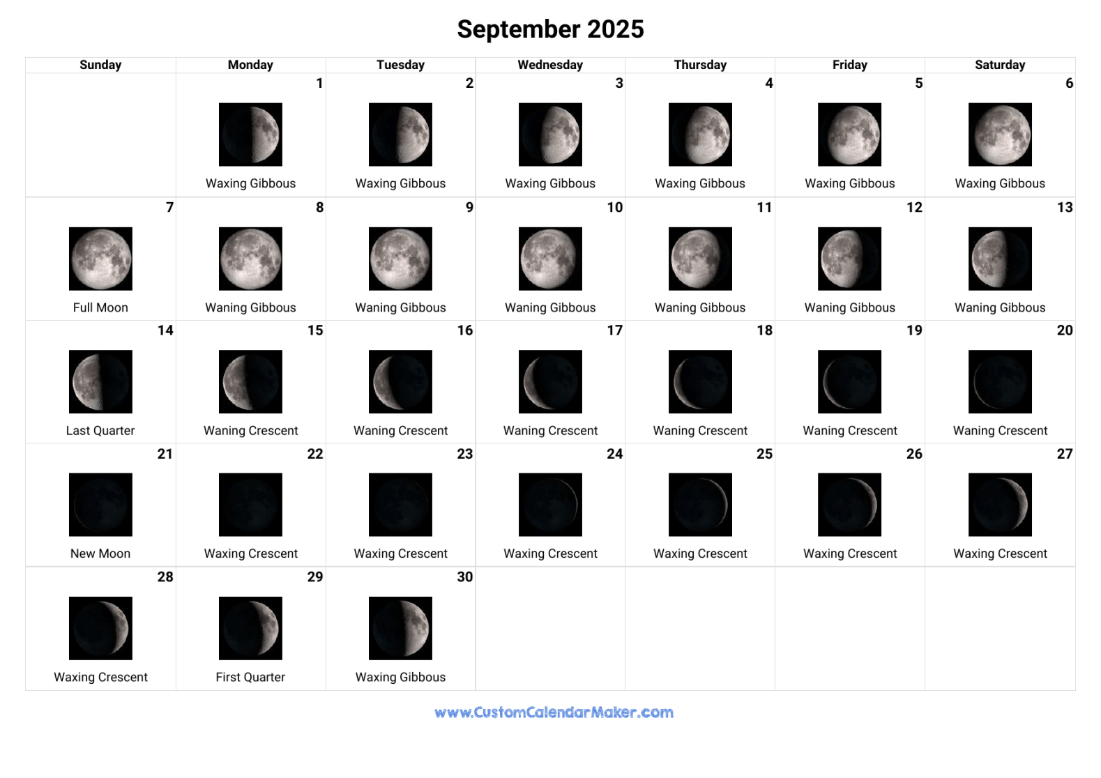 September  Moon Phases Calendar  Custom Calendar Maker
