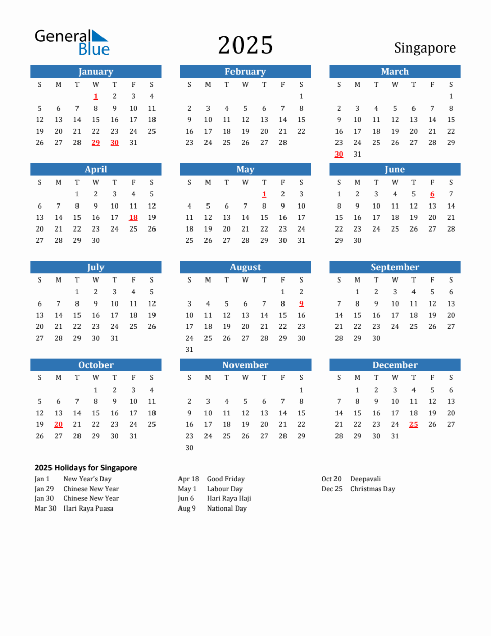 Singapore Calendar with Holidays