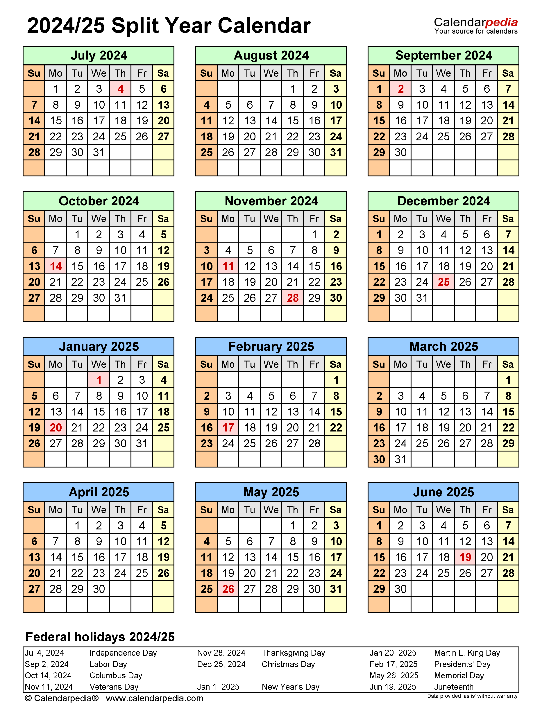 Split Year Calendars / (July to June) - PDF templates