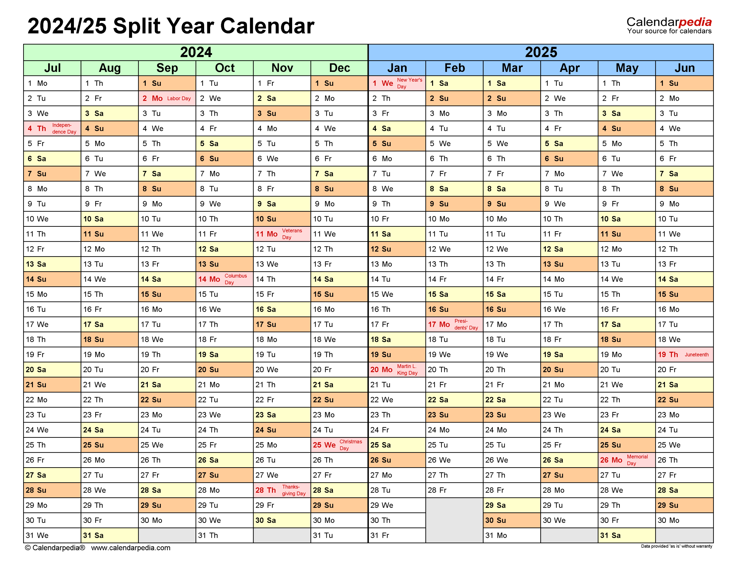 Split Year Calendars / (July to June) - PDF templates