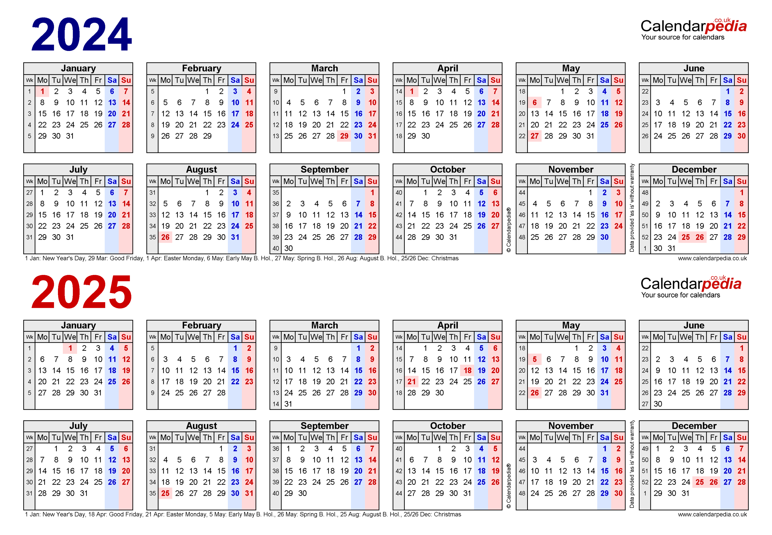 Two year calendars for  and  (UK) for PDF