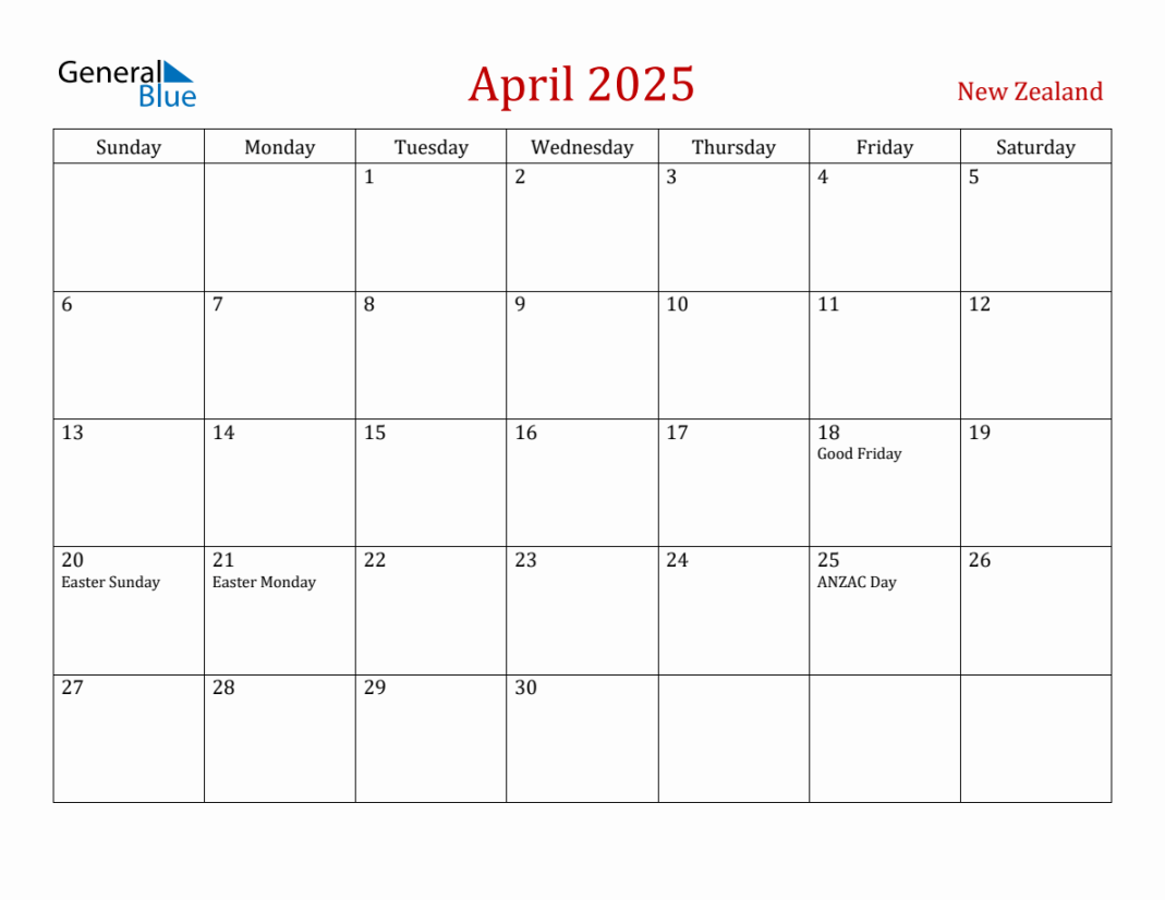 April  New Zealand Monthly Calendar with Holidays