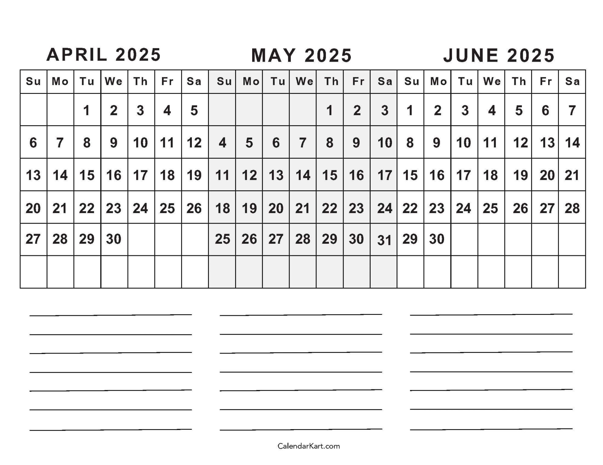 April to June  Calendars (Q): Free Printables